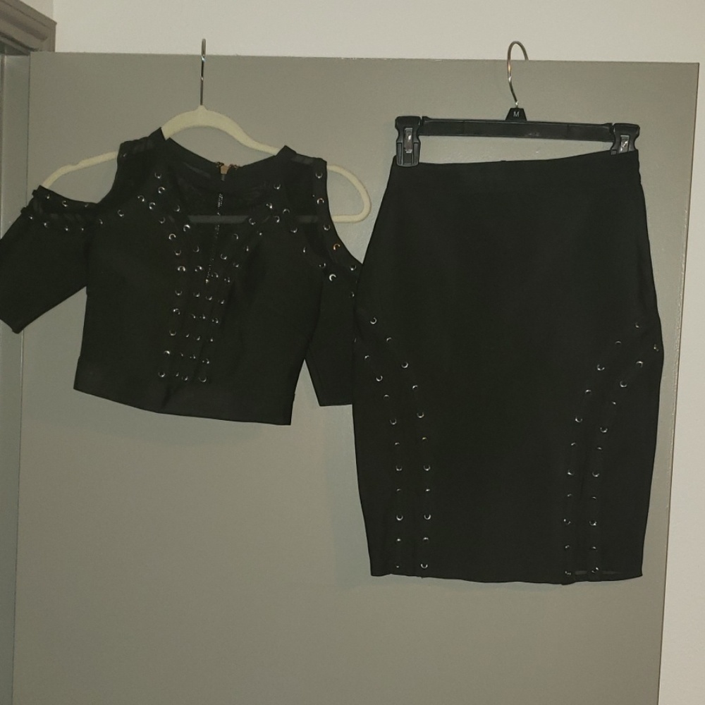 Sexy fitted black two piece set with gold detail